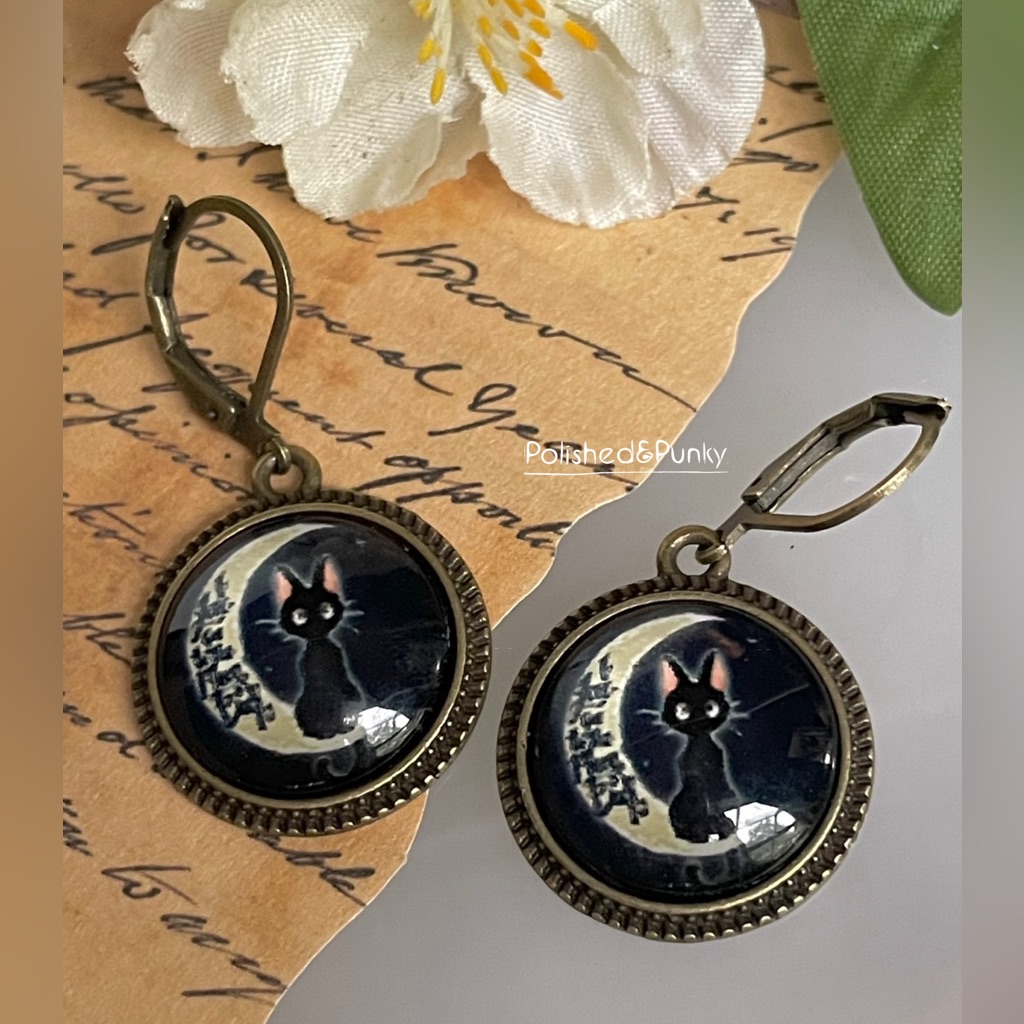 Black Cat And Moon Earrings ~ Full Moon Earrings ~ Copper Earrings ~In Gift Box